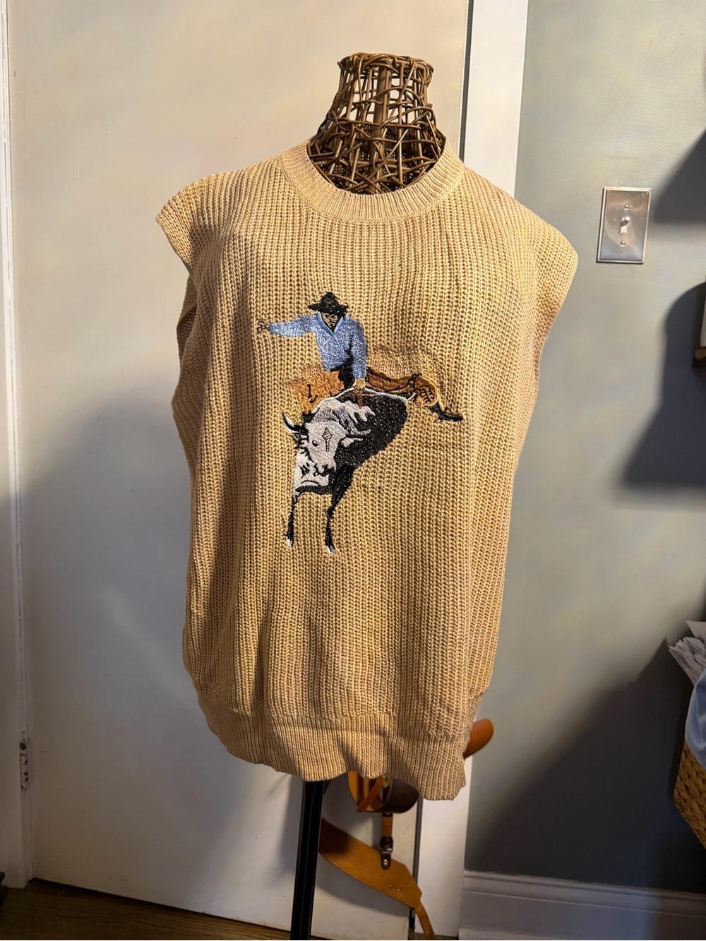 Beige Knit Sleeveless Sweater Vest with Rodeo Bull Embroidery